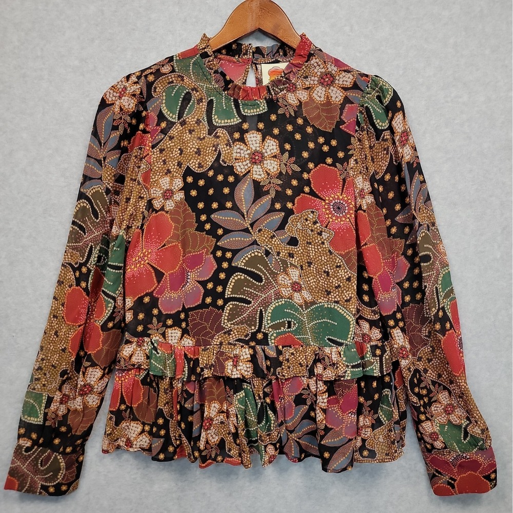 FARM RIO Mystic Bush Blouse Black Multi Jaquar Monstera Boho Top Sz M LongSleeve
